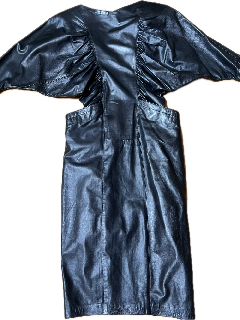 Vintage 80s Lambskin Leather Dress Batwing Sleeve Sz 8 Handmade Avant Garde